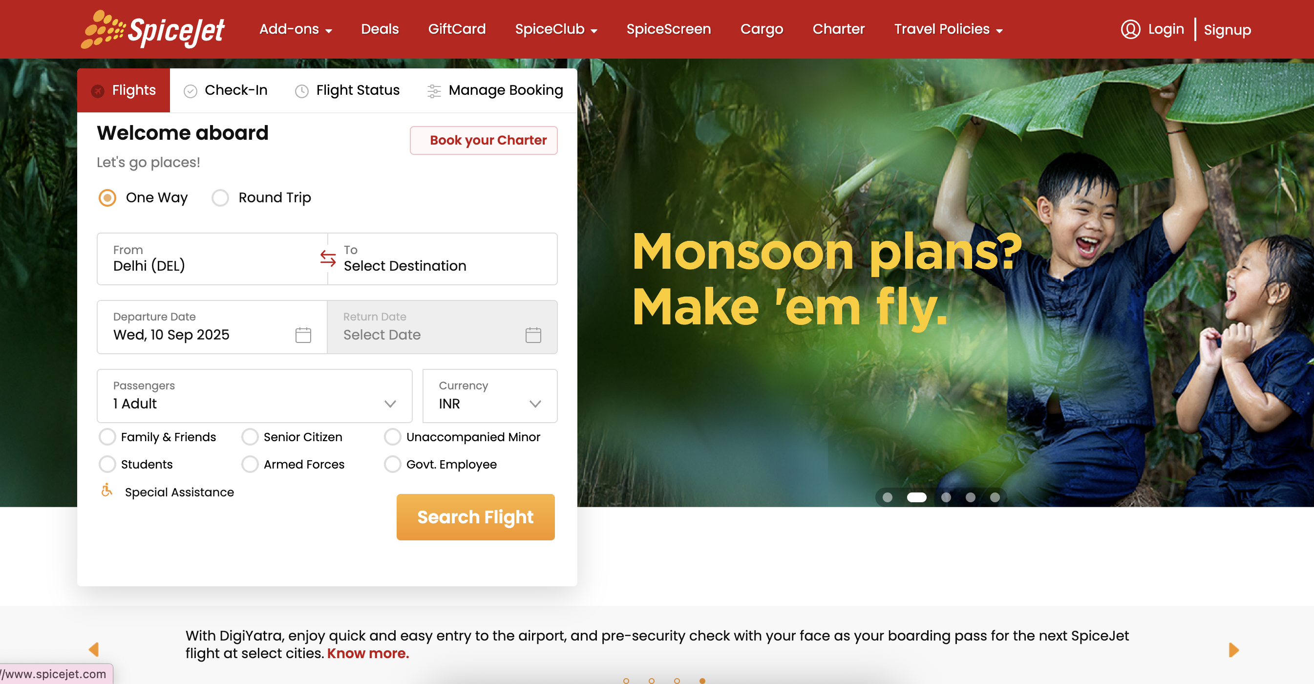 SpiceJet Homepage Check-in Button